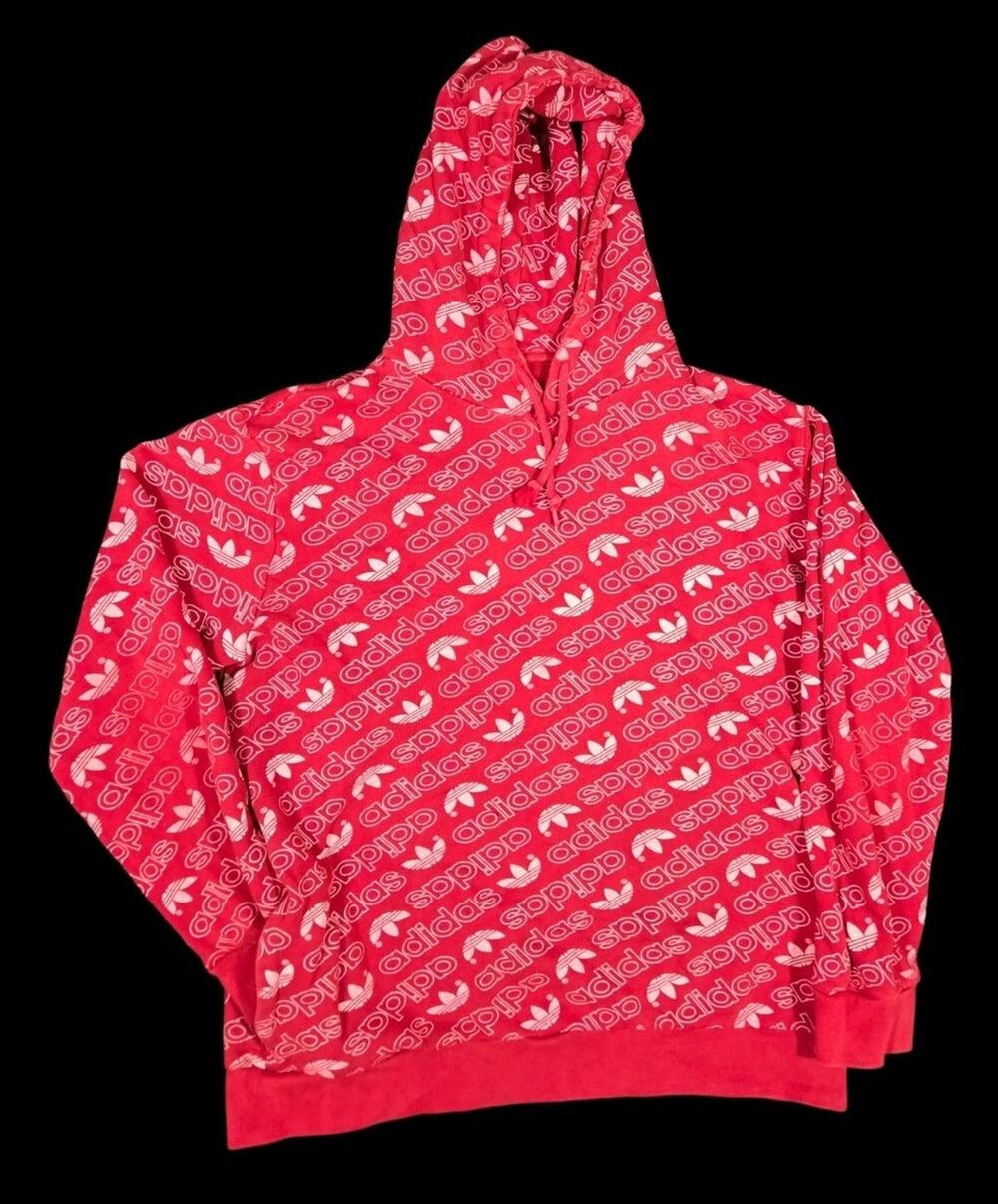 adidas AOP Pullover Hoodie Red White Streetwear Skater Logo Spellout Adult Large